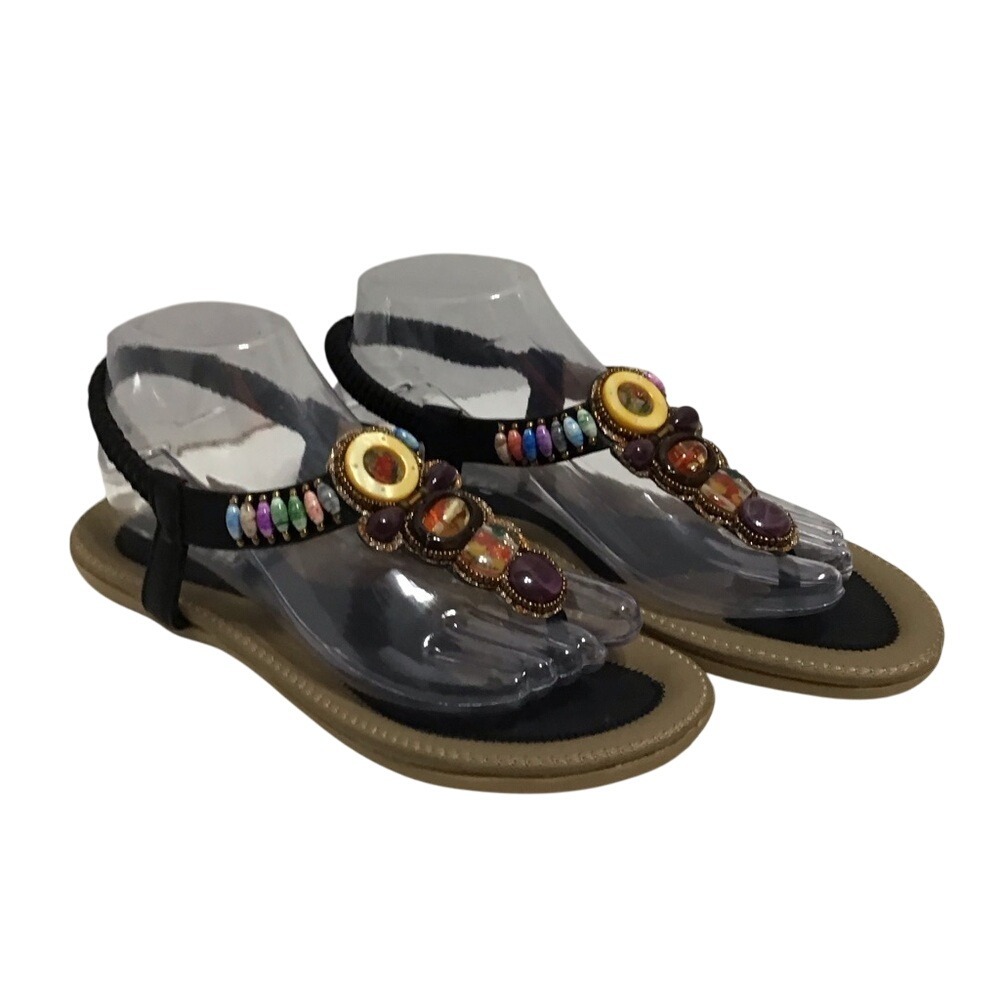 Siketu Womens Brown Flat‎ Ankle Thong Sandals With Top Multicolor Stones Size 8